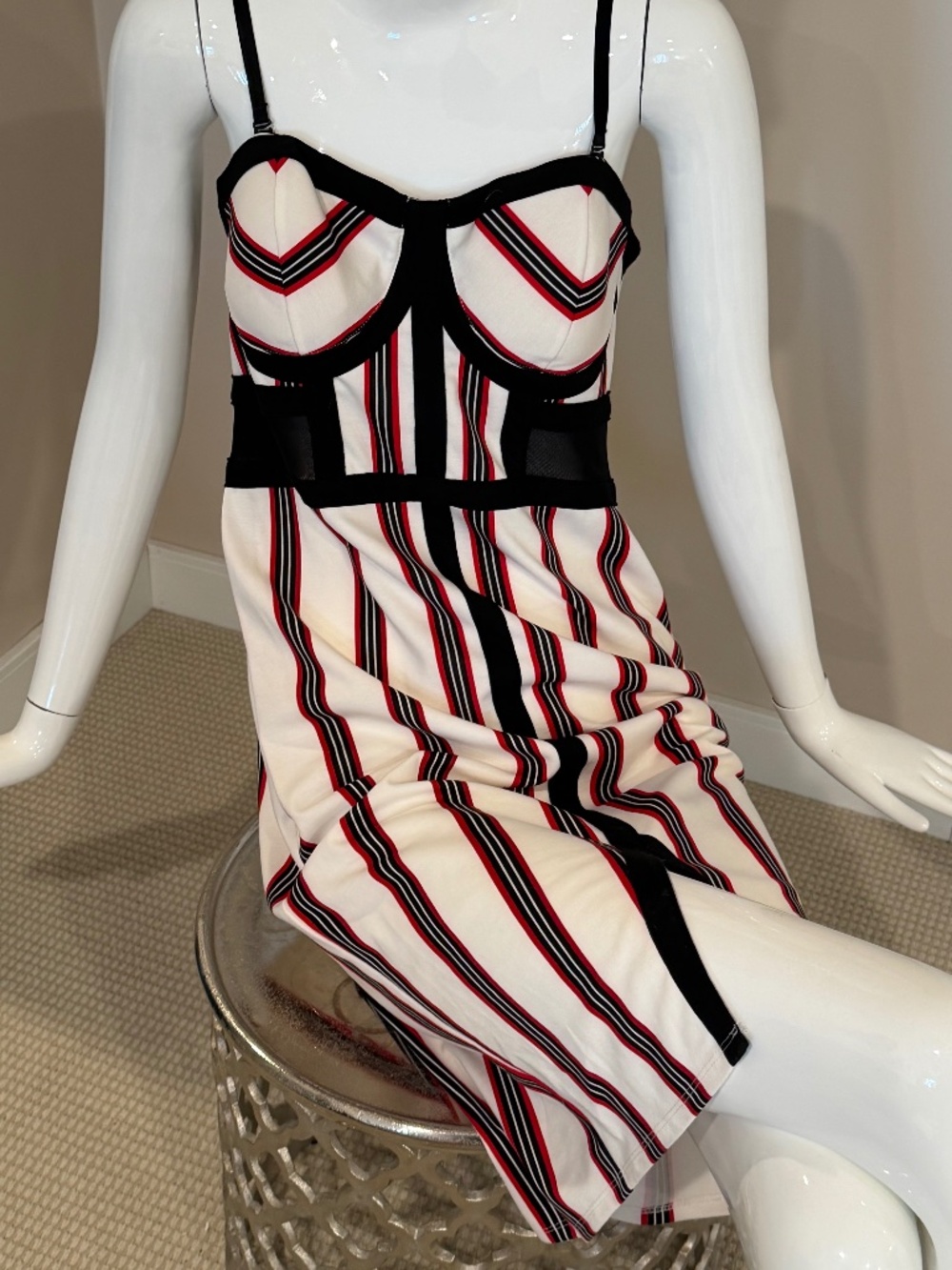 Macy’s Material Girl brand striped dress size L NWT black white red Stretch knit